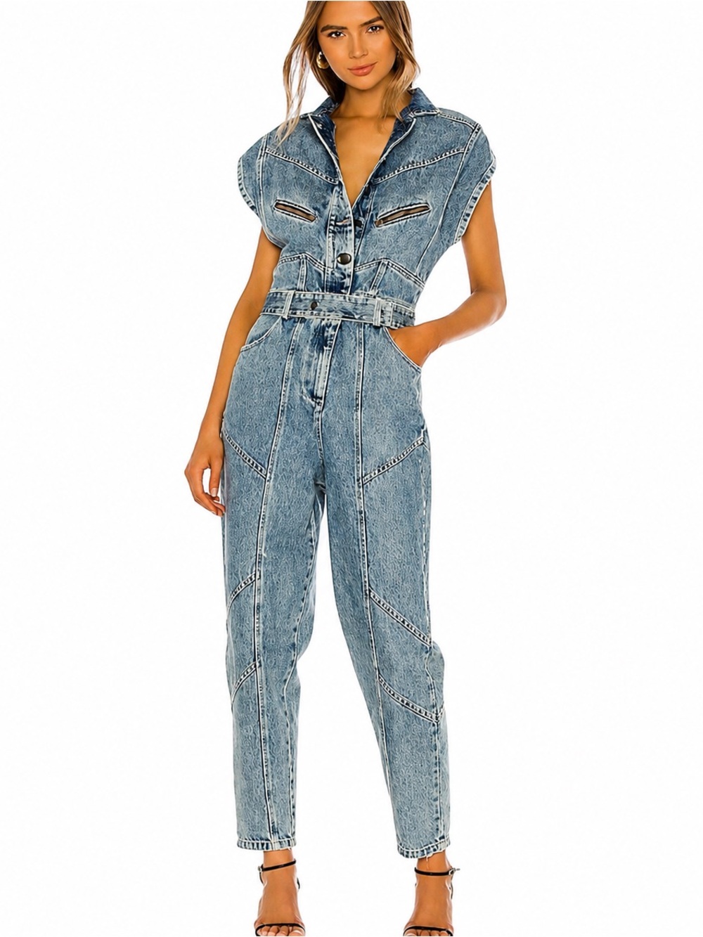 NWT Retrofête Alex Denim Jumpsuit XS Belted Designer Utility Romper $595